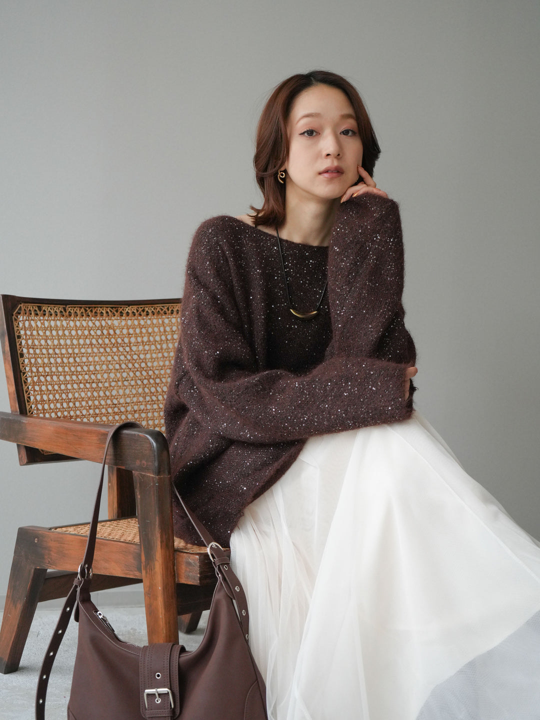 [予約]スパンコールミニシャギーニットチュニック/brown