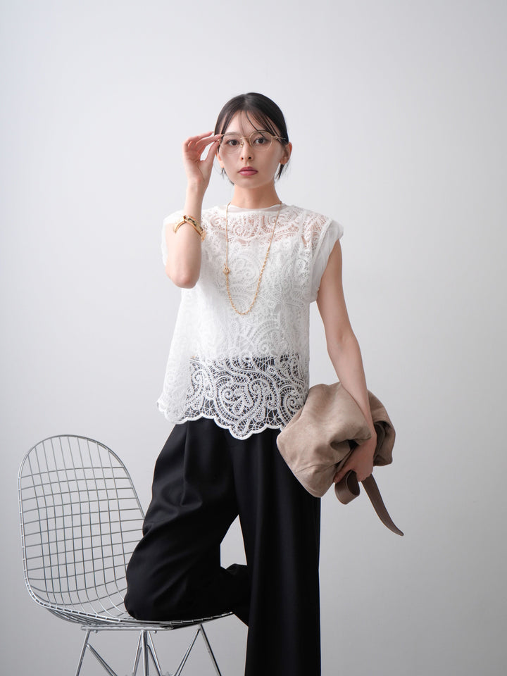 [SET]スカラップヘムレーストップス+アシンメトリーベルトタックワイドパンツ(2set)