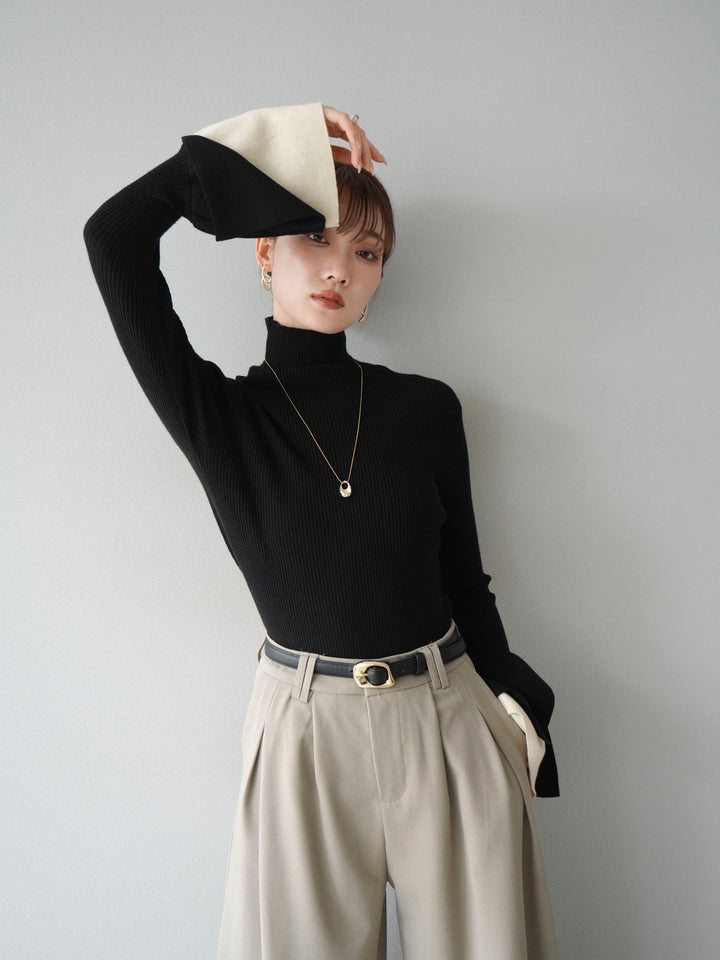 [SET] 疊層喇叭袖高領針織上衣 + 雙褶寬褲 (2 套)