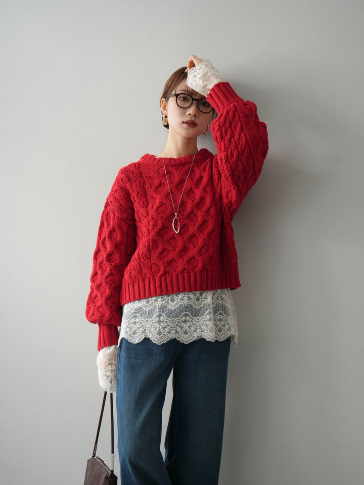 【着回しセット】[SET]バルキーケーブルクロップドニットプルオーバー+アンゴラタッチクルーネックニットプルオーバー+チュールレーストップス(3set)