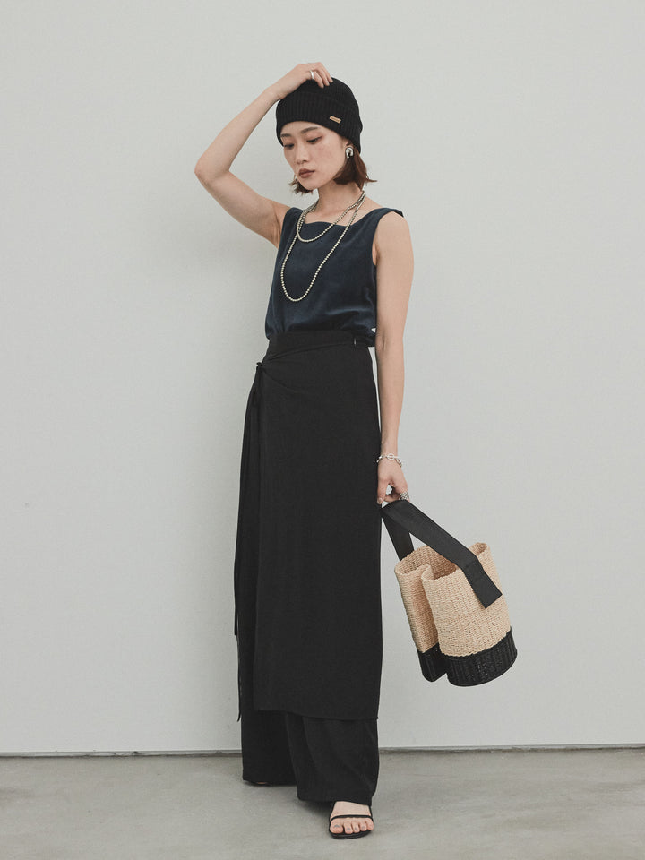 [予約]ワッシャーサテンレイヤードスカートパンツ/ブラック