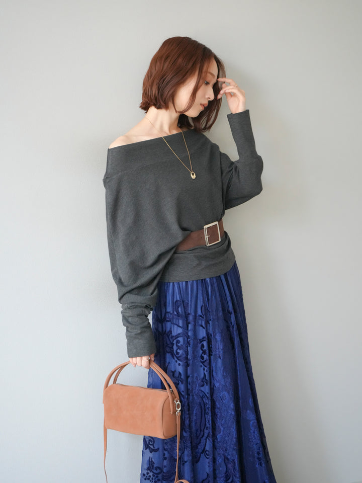 [予約]ベルト付オフショルカットソー/チャコール