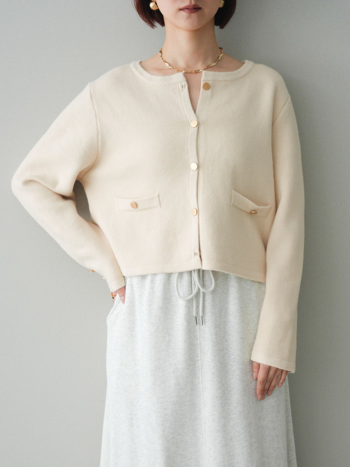 [予約]ゴールドボタンノーカラーニットジャケット/ivory