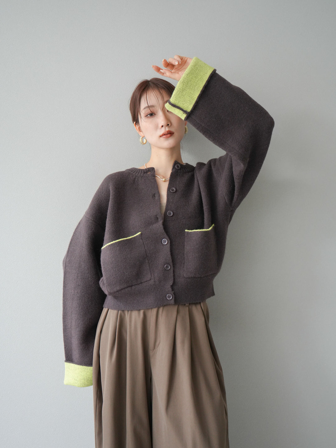 【SET】雙色針織開襟衫+褶襉設計寬褲（2套）