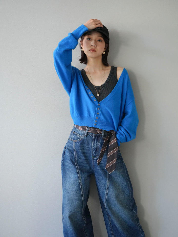 [予約]デザインボタンニットカーディガン＆タンクトップSET/ブルー