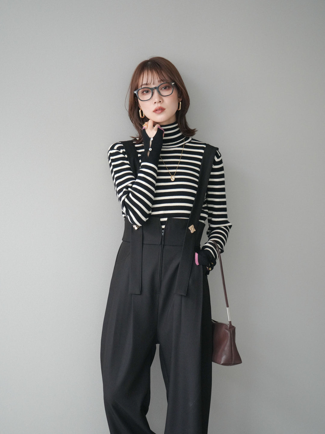 [予約]袖配色ハイネックボーダーリブニットトップス/blackborderpink