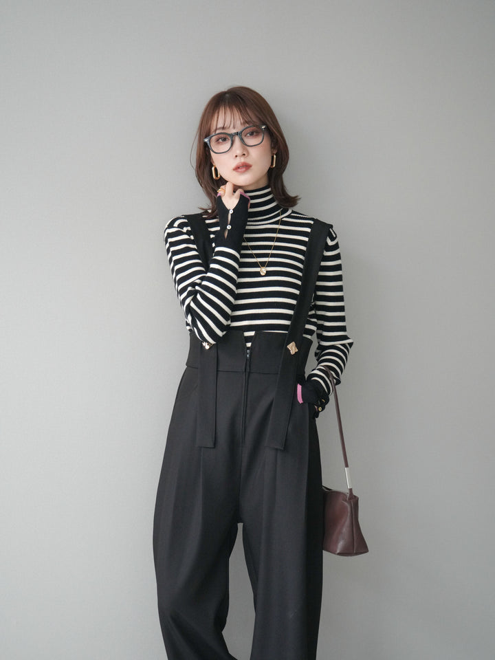 [予約]袖配色ハイネックボーダーリブニットトップス/blackborderpink