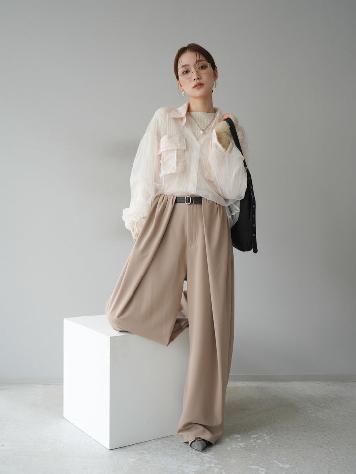 [SET]フリンジジャガード×チュールレイヤードシャツ+アームシャギーランダムリブニットトップス+ベルト付タックワイドパンツ(3set)