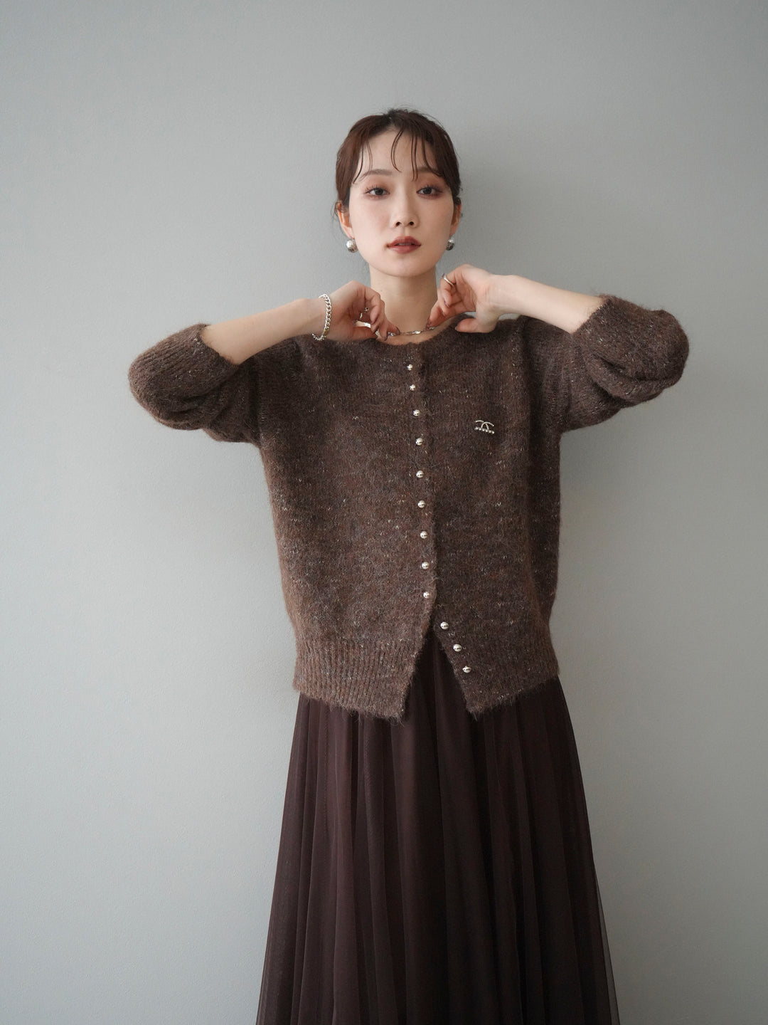 [予約]ブローチ付silverボタンミックスニットカーディガン/brown
