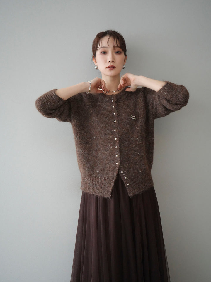 [予約]ブローチ付silverボタンミックスニットカーディガン/brown