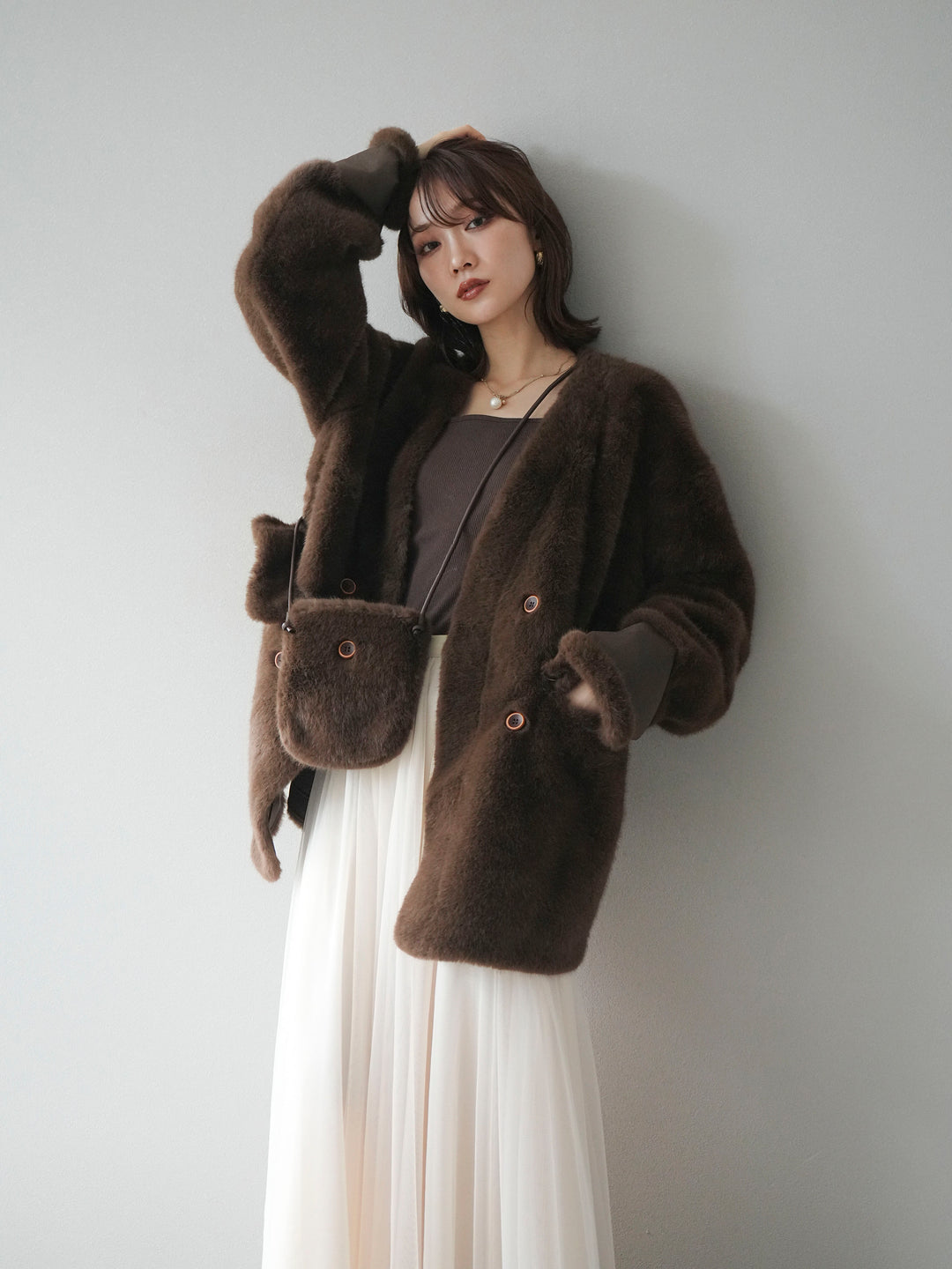 [SET]バッグ付エコファーノーカラーコート+チュールボリュームスカート(2set)