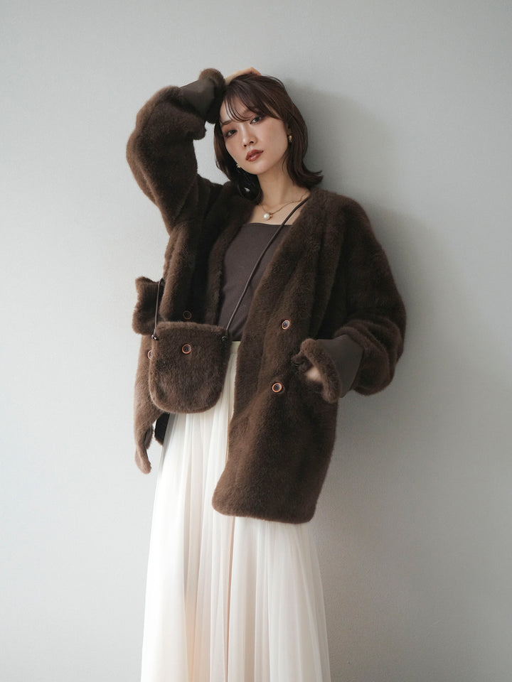 [SET]バッグ付エコファーノーカラーコート+チュールボリュームスカート(2set)