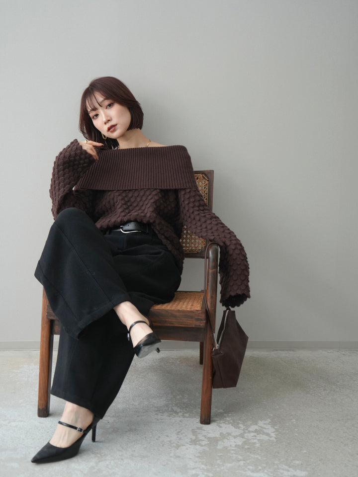 [予約]ポコポコ編みオフショルニットプルオーバー/brown