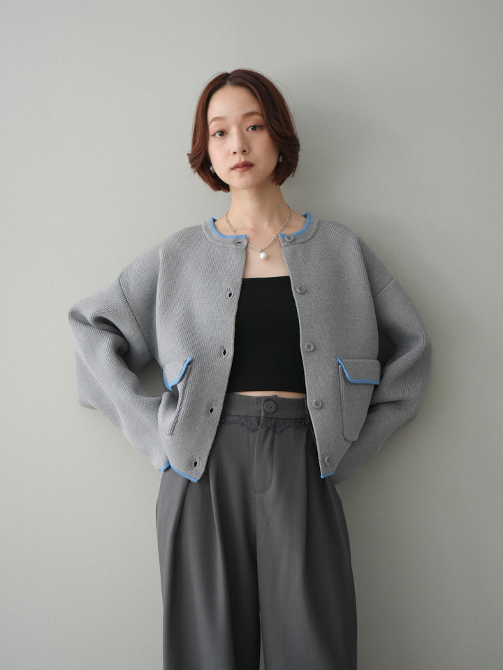 [SET]ポリエステル配色ニットカーディガン+ウエストレースタックワイドパンツ(2set)