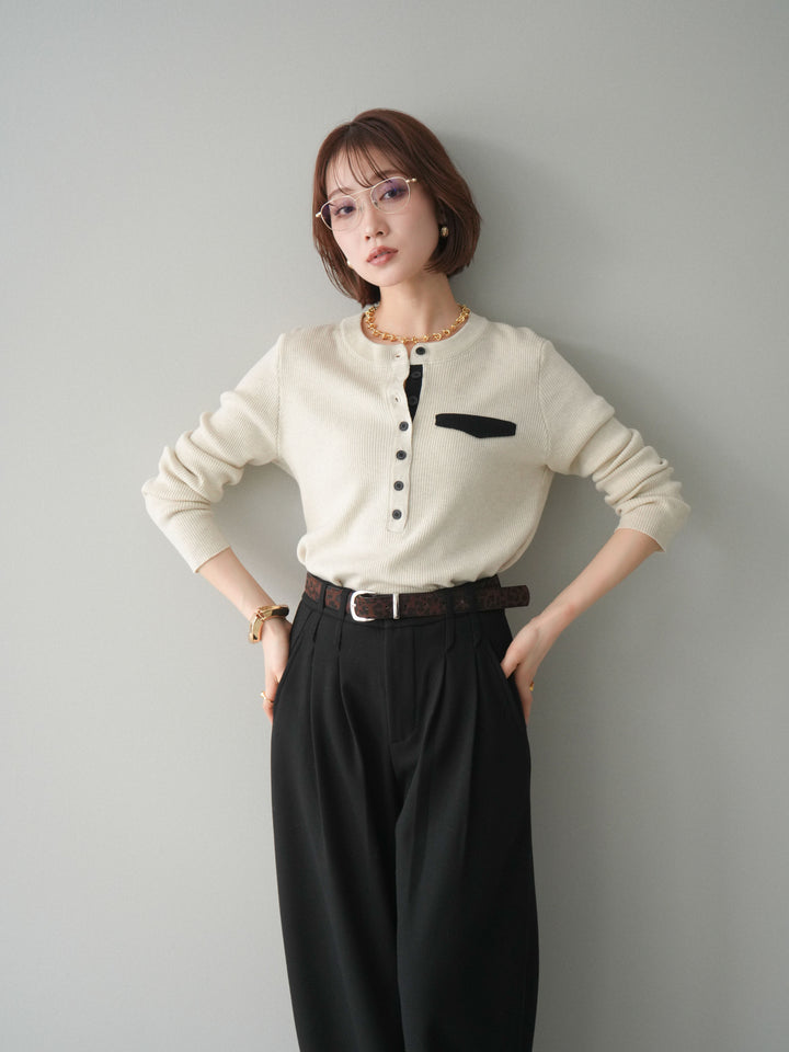 [SET]バイカラーデザインポケット配色ヘンリーネックニットソー+アニマル柄ベルト付きウールタッチワイドパンツ(2set)