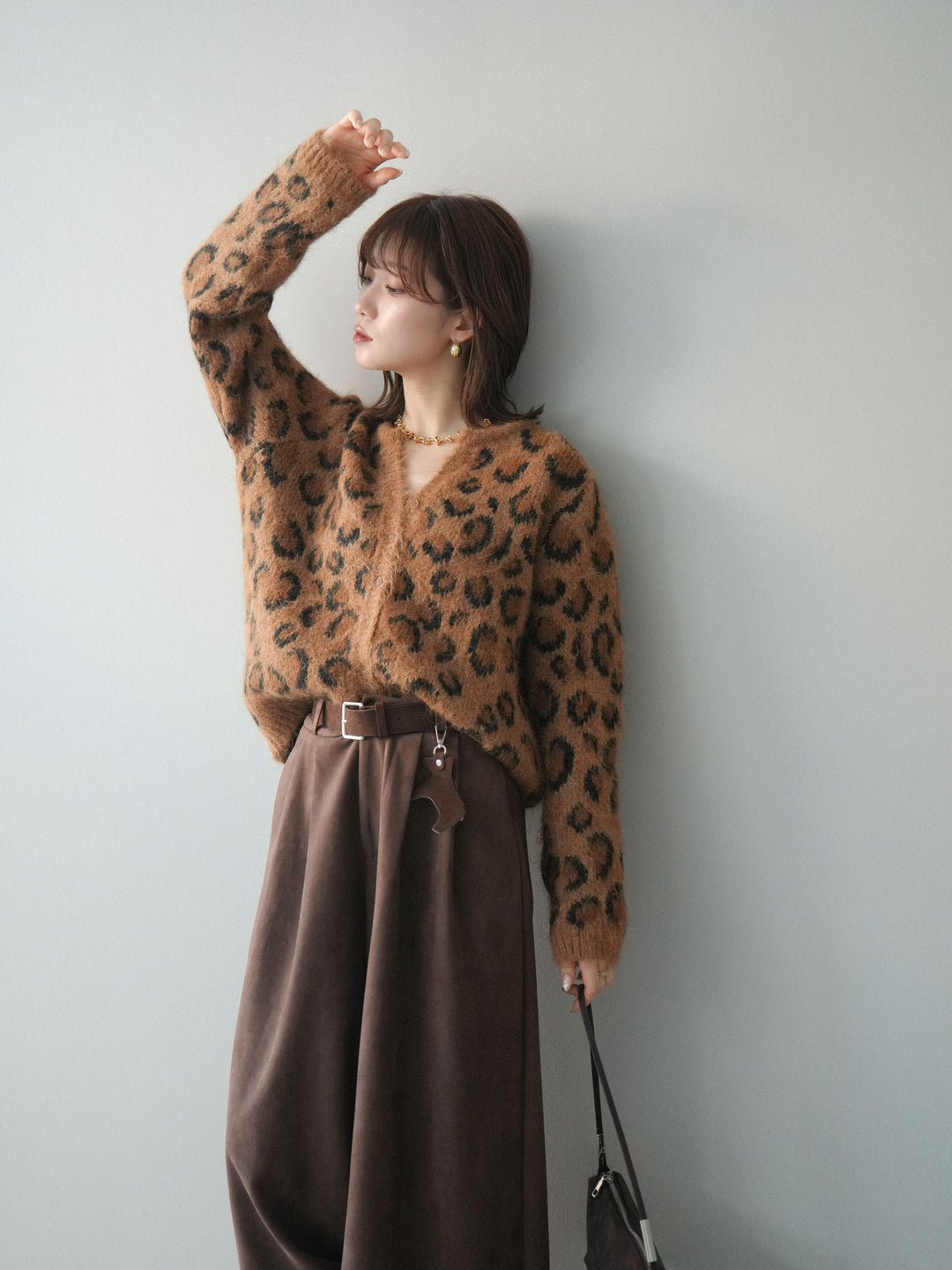 [予約]モヘアタッチレオパード柄ニットカーディガン/khaki