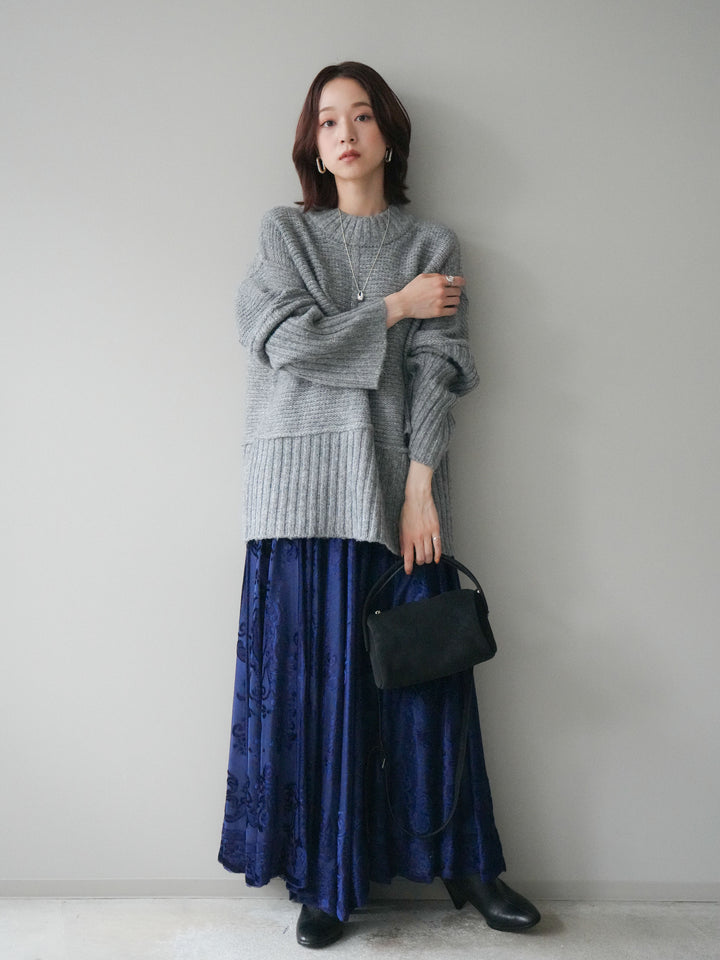 [SET]編み地切替ボトルネックニットプルオーバー+アンティーク柄フロッキーマキシスカート(2set)