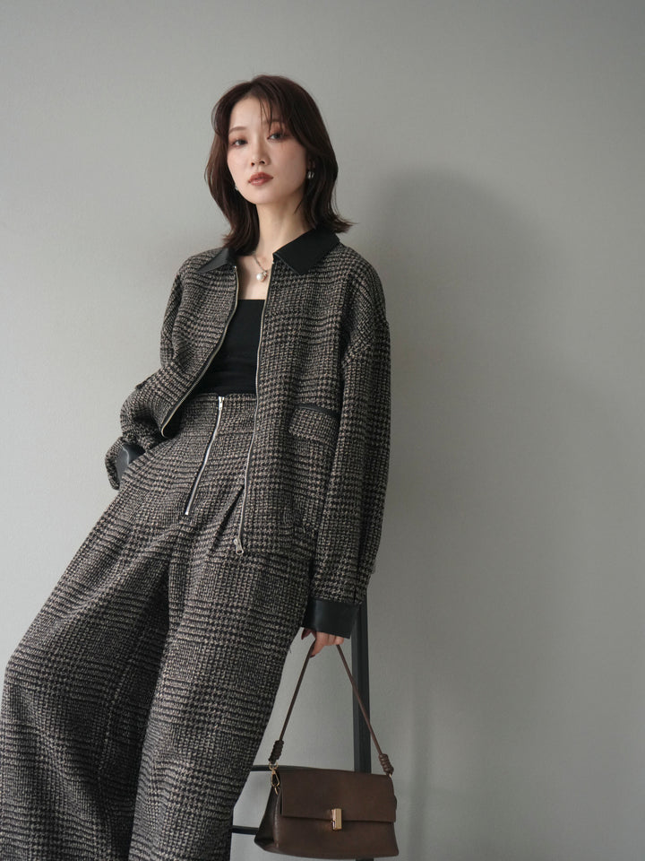 [予約]レザー襟ミックスツイードジャケット/brown