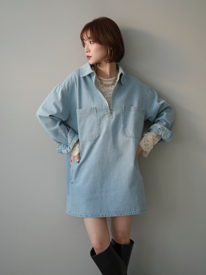 [SET]ハーフジップデニムミニワンピース+チュールレーストップス(2set)