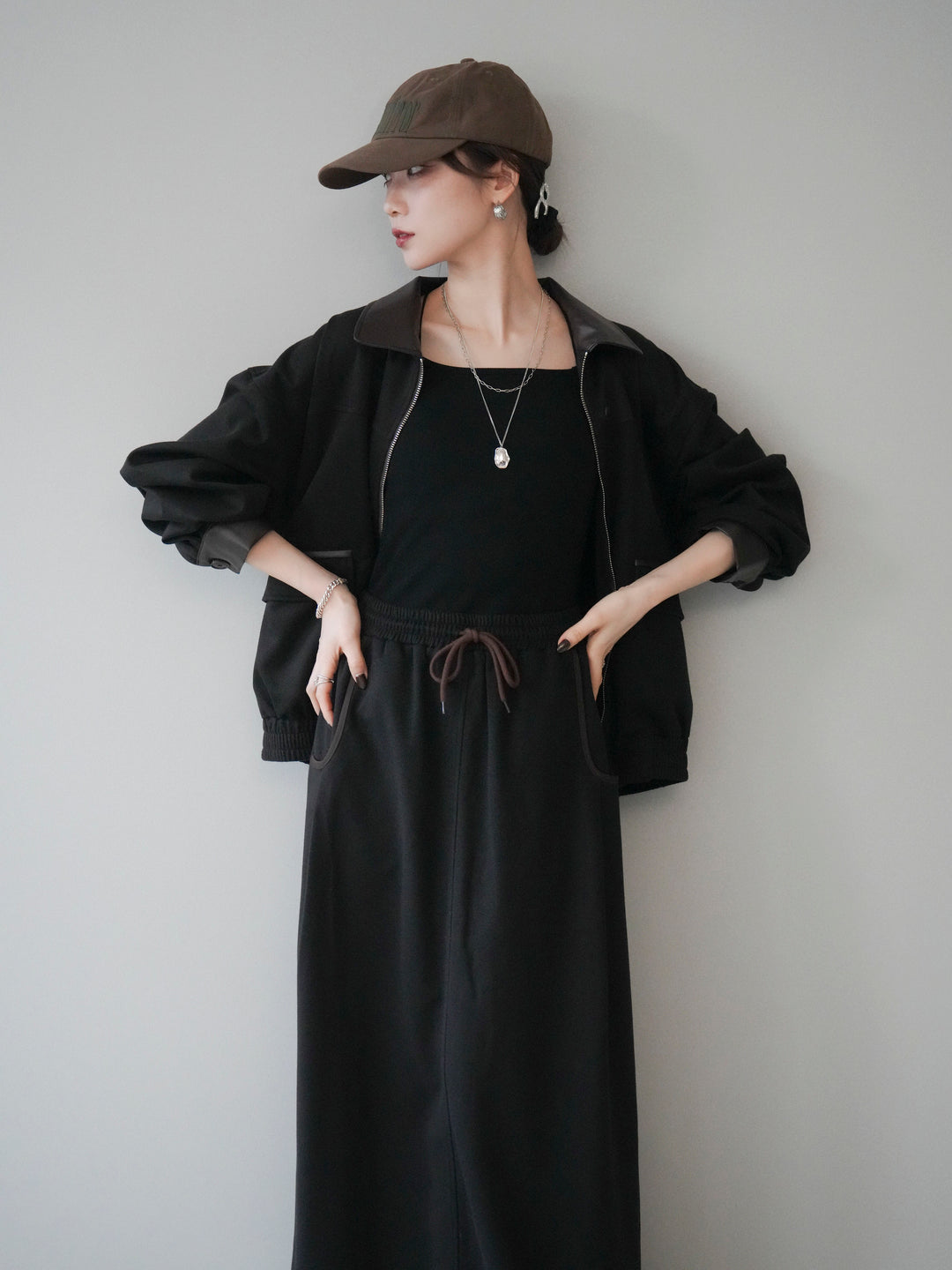 [予約]レザー襟配色パイピングブルゾン/black