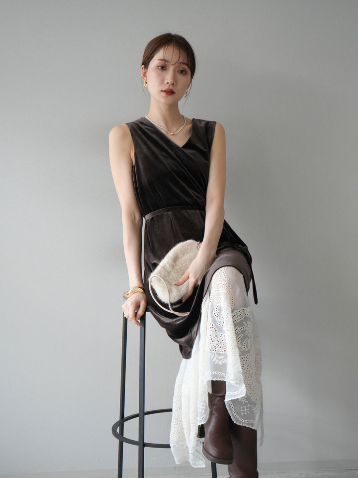 [予約]裾コットンレースベロアワンピース/ブラウン