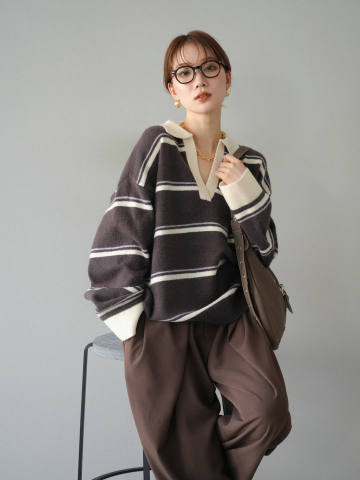 [予約]ポロ襟スキッパーボーダーニットプルオーバー/ブラウン