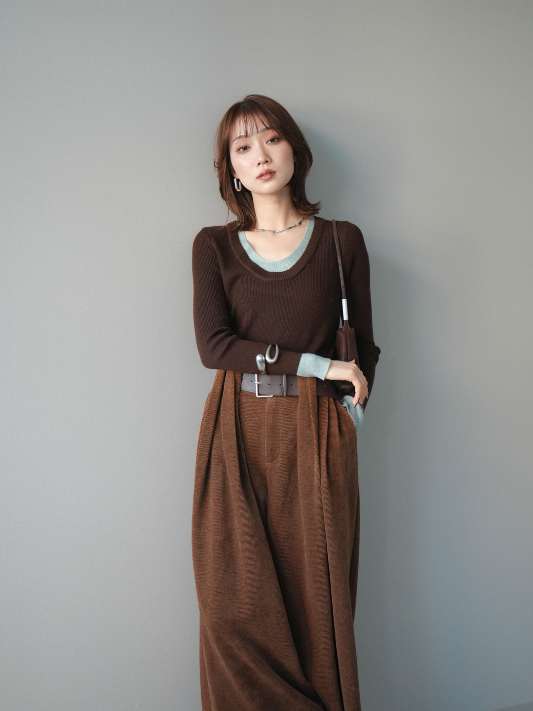 [予約]Uネック配色レイヤードリブニットトップス/brown