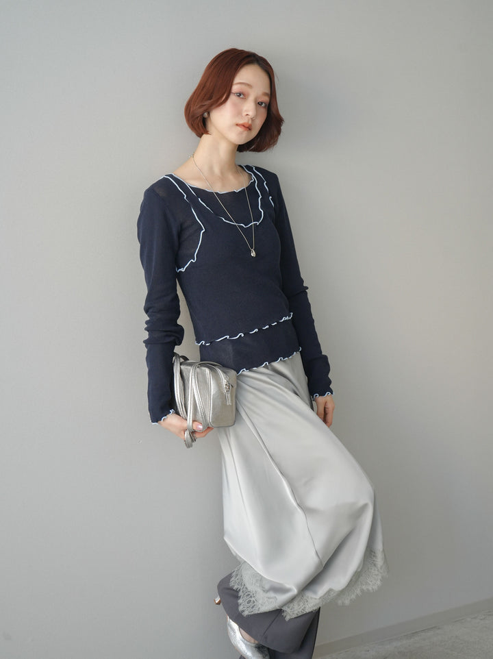 [SET]センターシームフレアパンツ+サテンライクアシメレーススカート(2set)