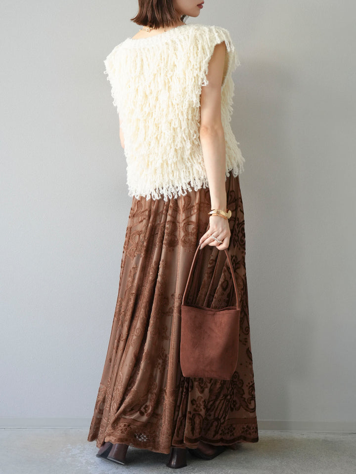 [SET]フリンジループニットベスト+アンティーク柄フロッキーマキシスカート(2set)