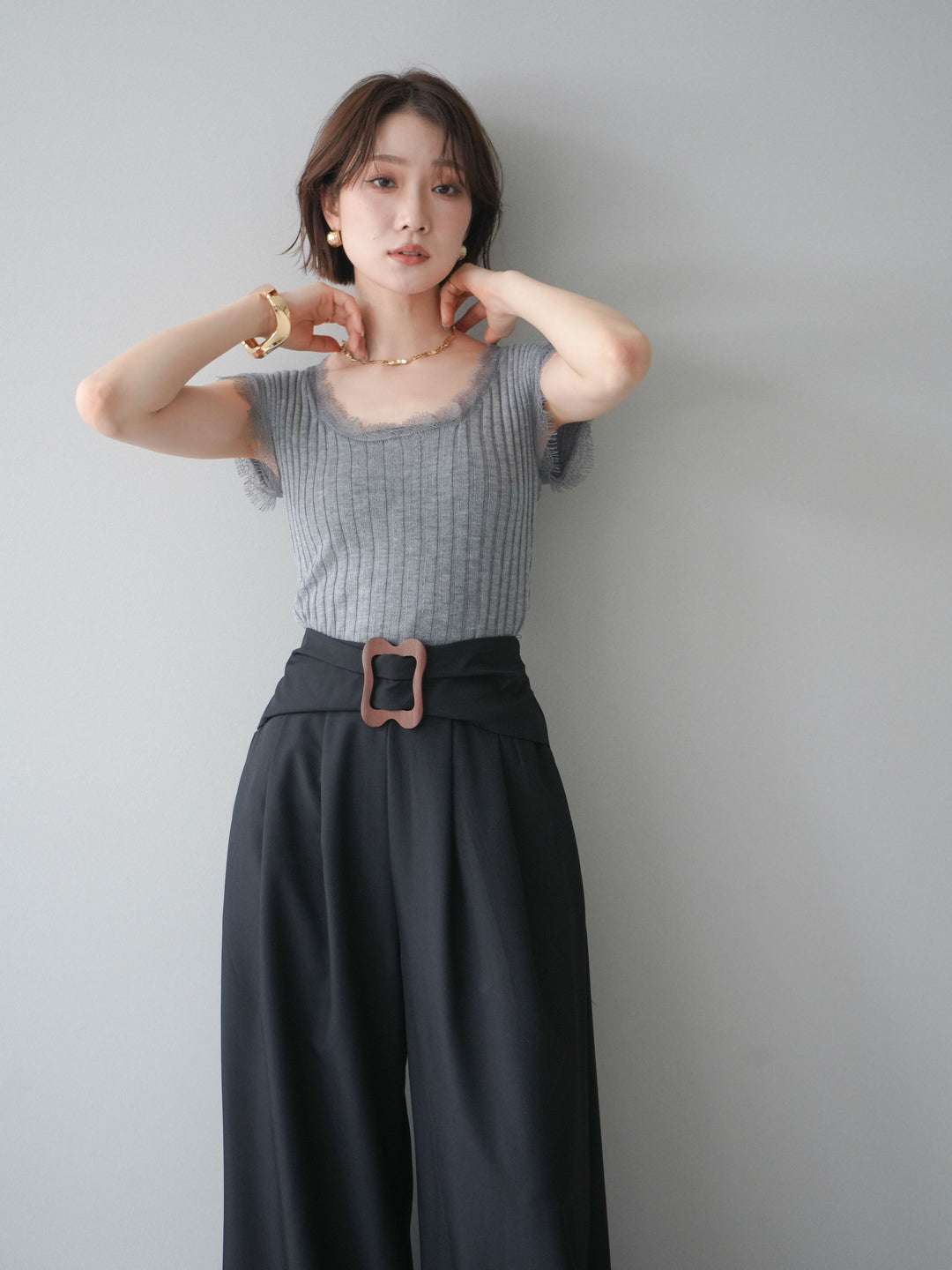 [予約]レーストリムリブニットトップス/gray