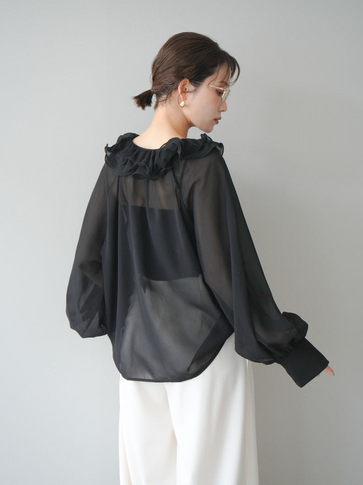 [予約]ラッフルネックシアーブラウス/black