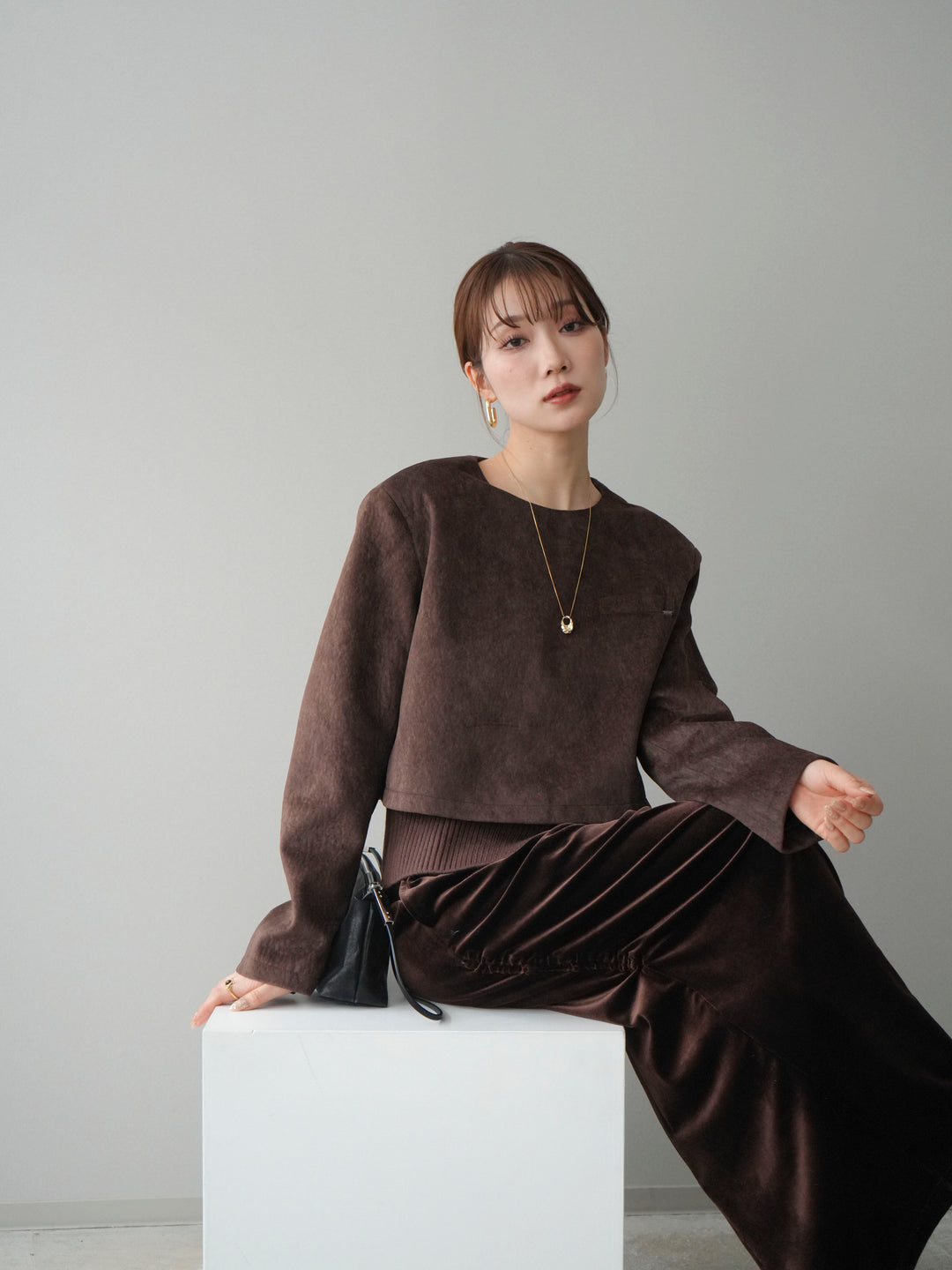 [予約]リブニットレイヤードスエードプルオーバー/brown