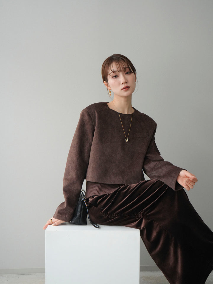 [予約]リブニットレイヤードスエードプルオーバー/brown