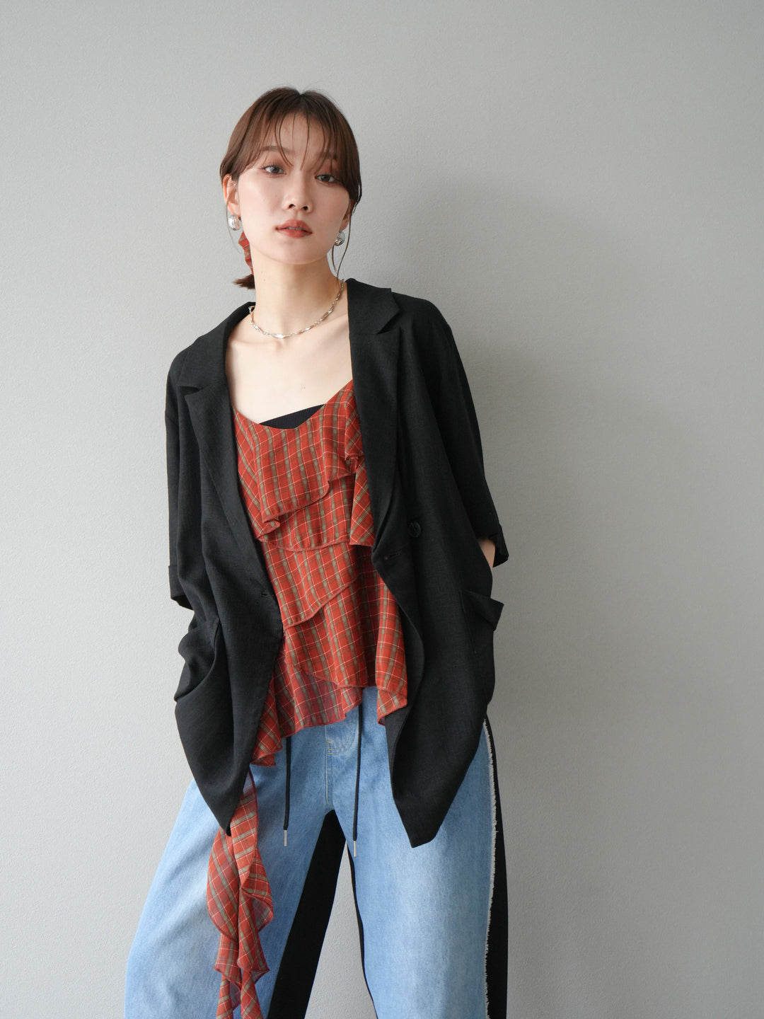 [予約]チェック柄ラッフルキャミソール/レッド