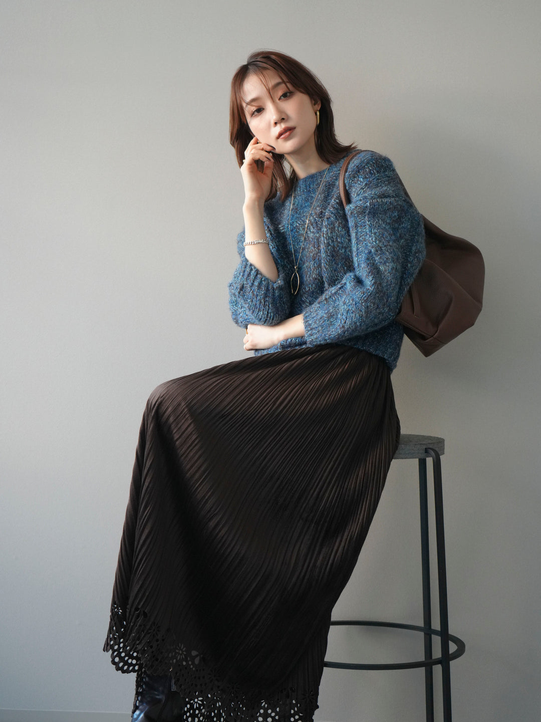 [予約]ワイドケーブルミックスニットプルオーバー/blue