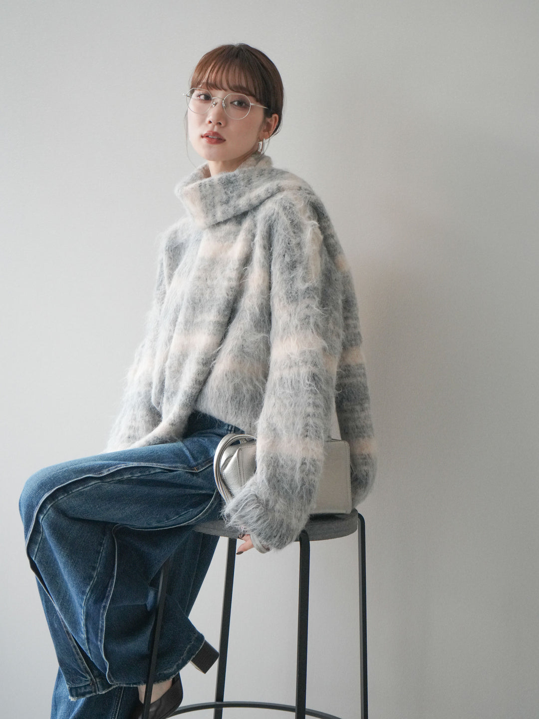 [予約]ストール付シャギーマルチボーダーニットプルオーバー/gray