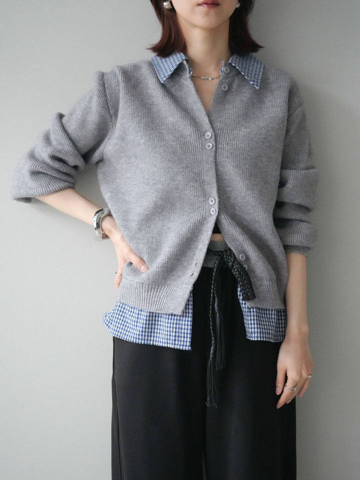 [SET]チェックシャツ襟ニットカーディガン+編み込みベルト付きウエスト配色スエットパンツ(2set)