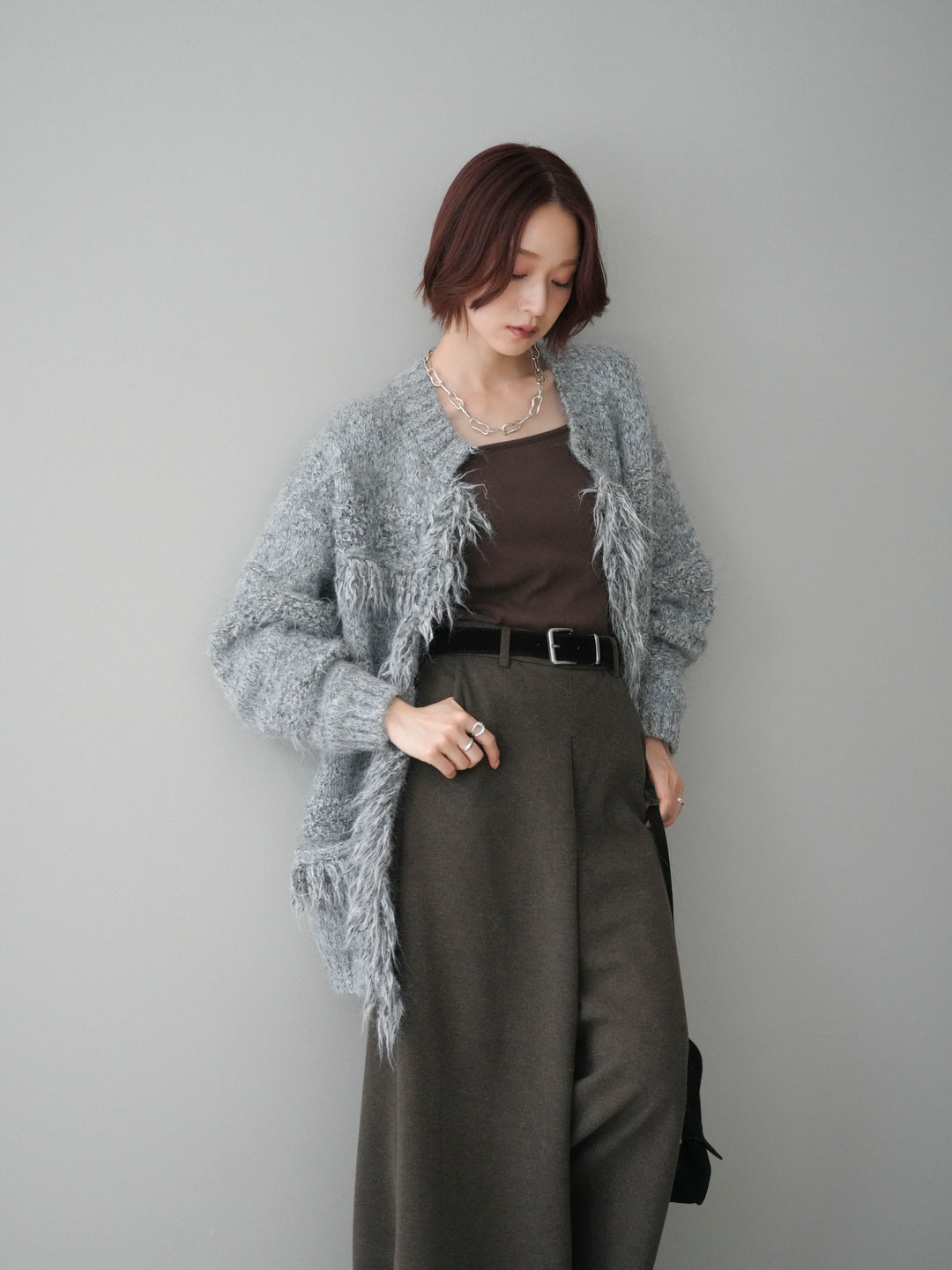 [SET]ミックスヤーンフリンジデザインニットジャケット+ベルト付きフロントタックワイドパンツ(2set)