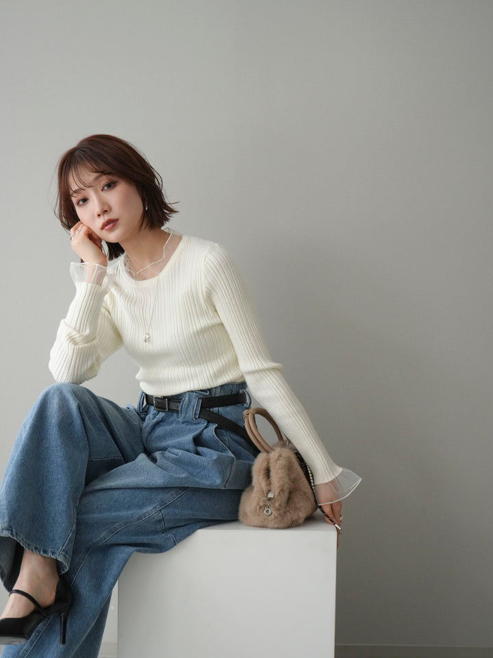 [SET]チュールドッキングリブニットトップス+ハイウエストベルトループデザインデニムパンツ(2set)