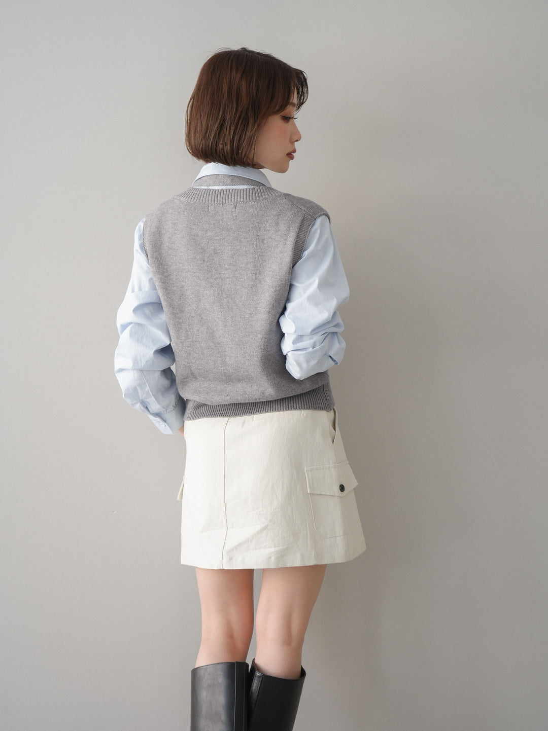 【套裝】蝴蝶結針織背心套裝襯衫+繫帶工裝迷你裙（兩件組）