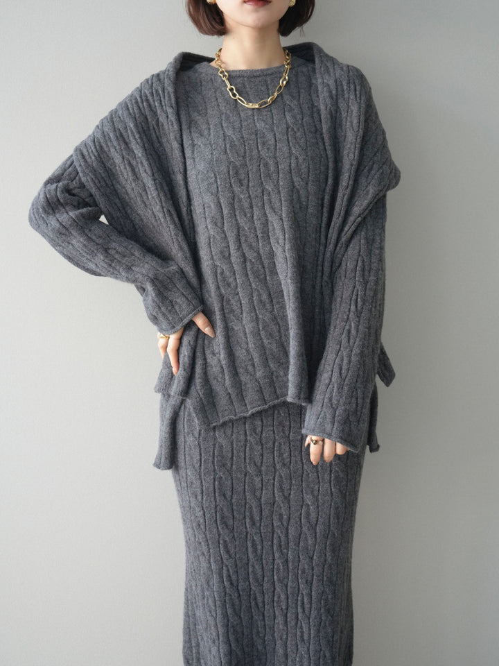 [SET]ストール付ケーブルニットプルオーバー&ロングスカートSET UP+選べるアクセセット(2set)