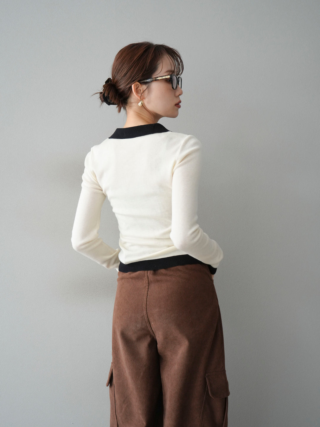 [予約]レイヤード配色ポロニットトップス/beige