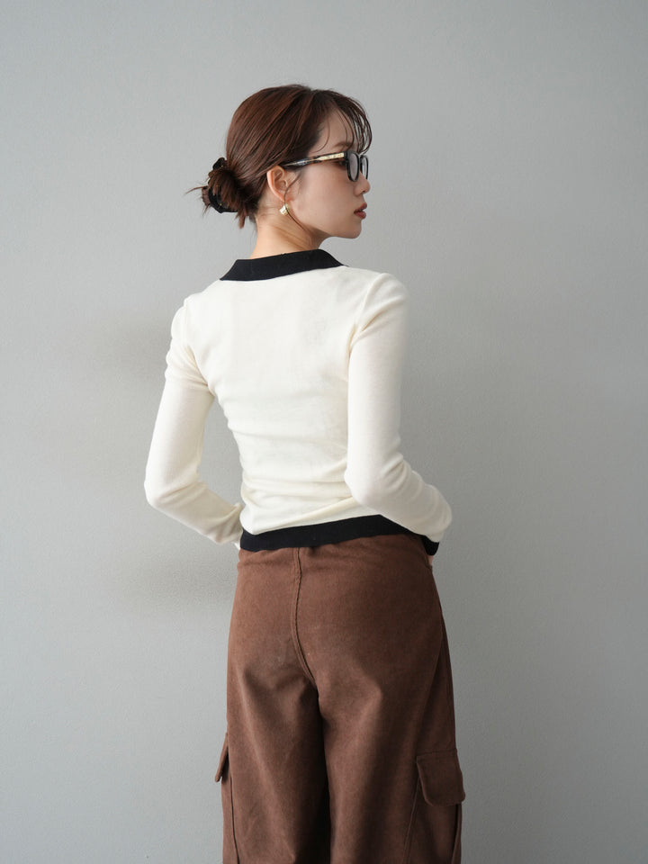 [予約]レイヤード配色ポロニットトップス/beige