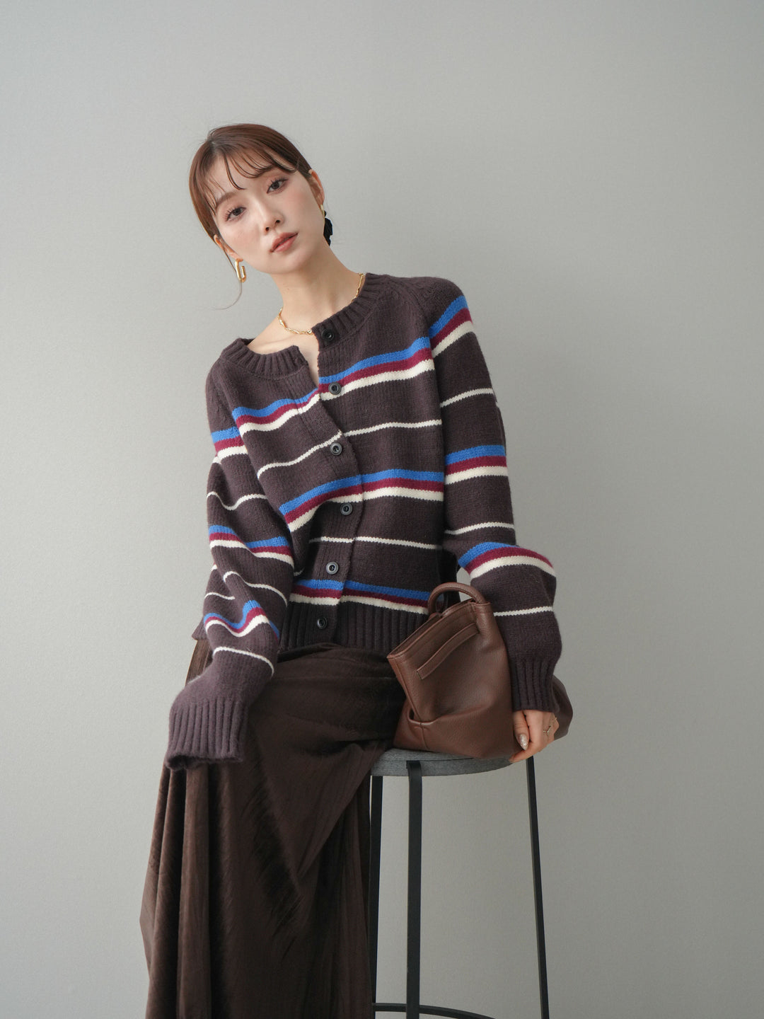 [予約]ランダムボーダーニットカーディガン/brown