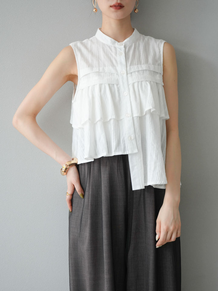 [予約]ドビーストライプアシンメトリーフリルノースリブラウス/ホワイト