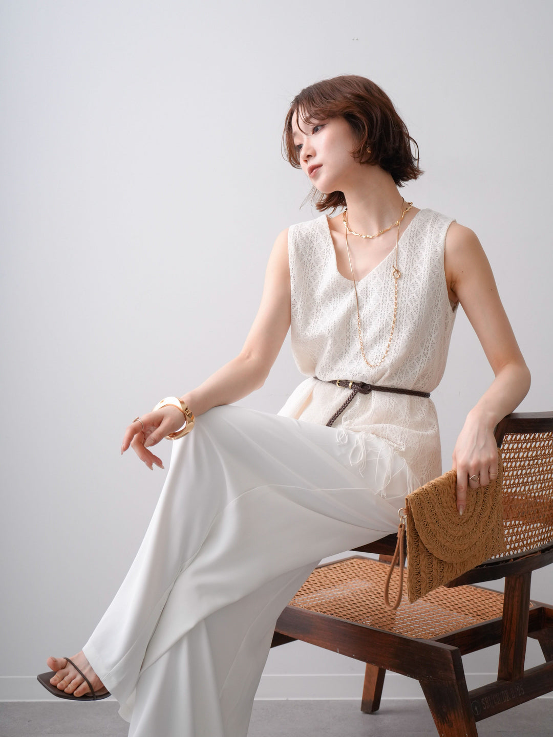 [予約]ベルト付透かし編みフリンジノースリトップス/ivory