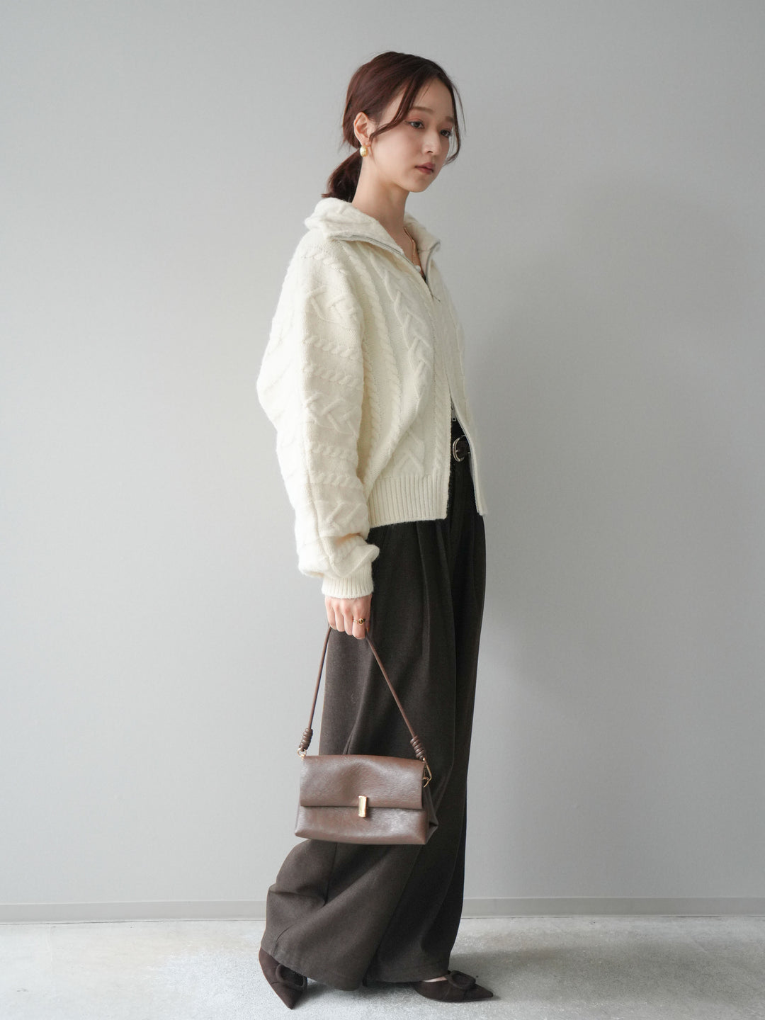 [予約]アニマル柄ベルト付きウールタッチワイドパンツ/brown