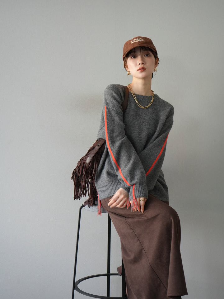 [予約]配色ステッチフリンジニットプルオーバー /チャコール