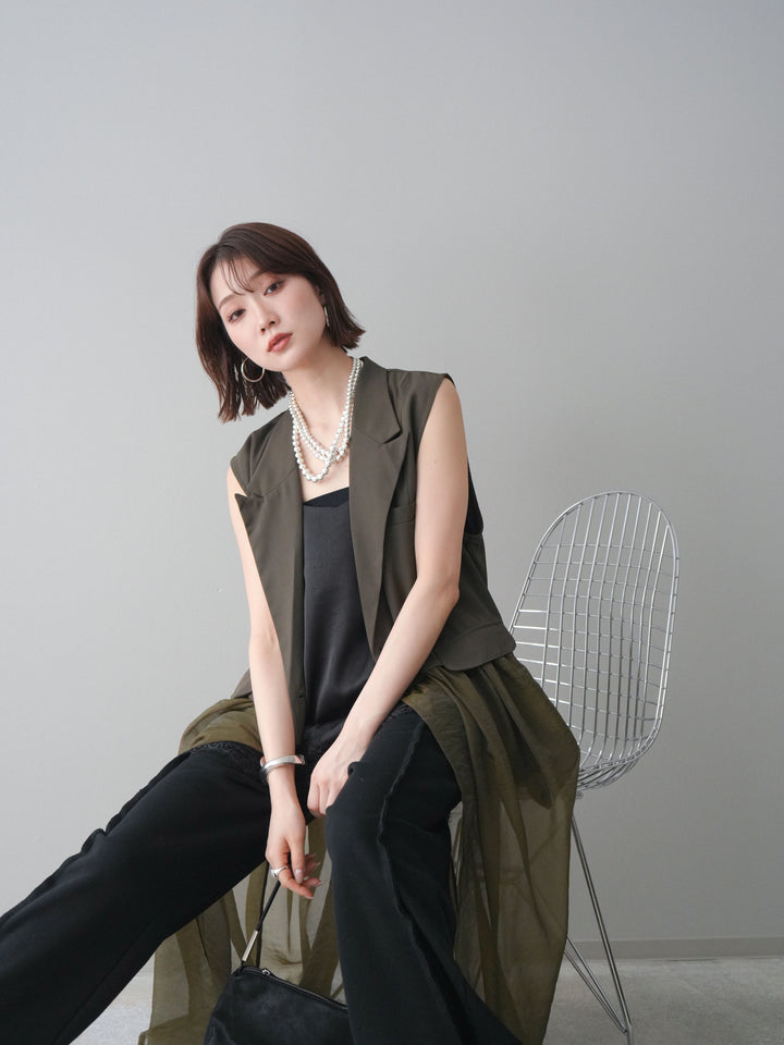 [SET]シアーレイヤードテーラードロングジレ+レーストリムキャミソール+2WAYデザインスウェットパンツ(3set)