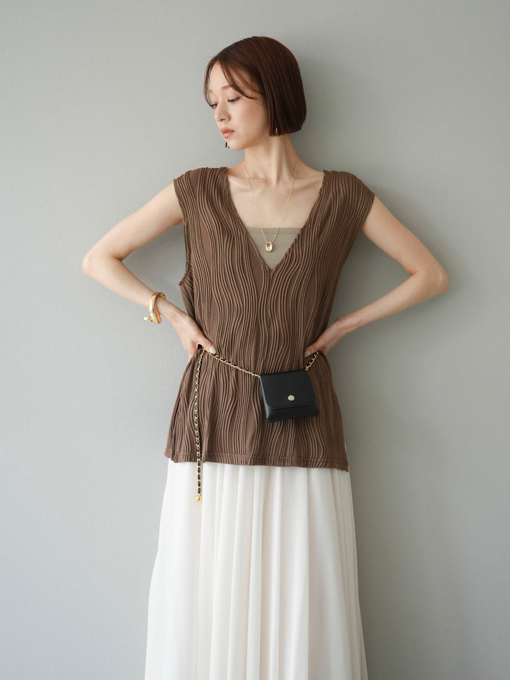 [SET]ウェーブパイピングVネックベスト+シフォンフレアスカート(2set)